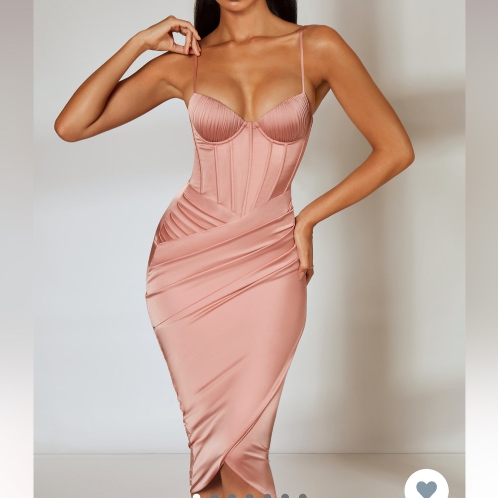 Drape skirt corset midi dress in blush